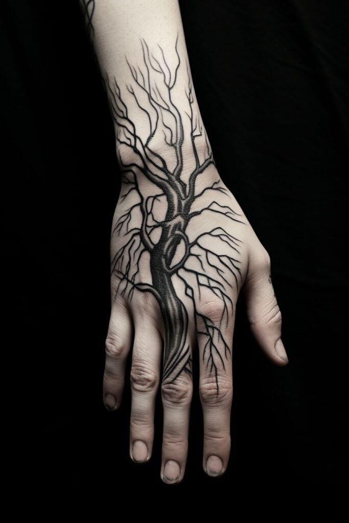 tree roots hand tattoo