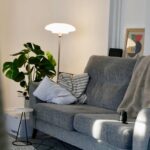 A cozy living room featuring a grey sofa, floor lamp, and indoor plant bathed in morning sun.